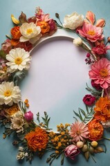 Generative AI illustration of blank white frame surrounded by a delicate collection of colorful flowers and leaves 