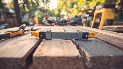 A square and clamping tool rest on wooden planks as a woodworking project progresses patio flooring theme