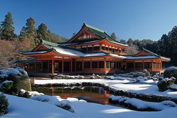 Obraz premium Snowy Garden With Pagoda Building and Decorative Fountain