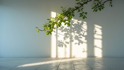 Obraz premium Sunlit green branch shadow on white background
