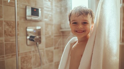 A cheerful young boy stands in a steamy bathroom wrapped in a towel, radiating happiness after taking a shower. Sunlight filters through the window, enhancing the cozy atmosphere