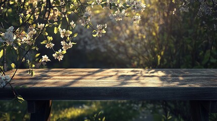 Naklejka premium Lush Spring Scene with Flowers and Sunlight on Outdoor Bench