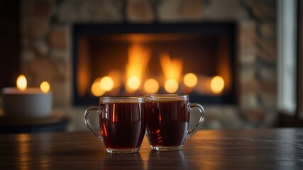 Two mugs made of glass of hot beverage sit on a table in front of a roaring fireplace, Bokeh