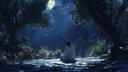 Fototapeta premium A cinematic portrayal of Jesus kneeling in prayer, moonlight casting his shadow dramatically across the garden floor, olive trees creating a serene natural frame, intricate bark and foliage details,