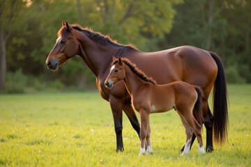 Fototapeta premium Mother Horse and Foal in a Sunlit Field at Sunset