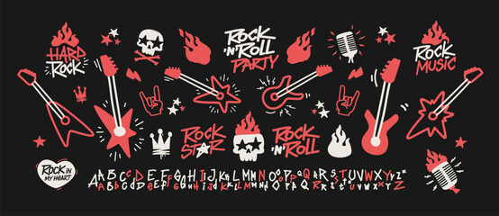Rock Music and Punk Doodle signs collection for Rock Party and apparel print, pattern design. Rock n Roll pattern element set of guitar, skull, fire or flame, microphone, crown, font type, etc (set 1)