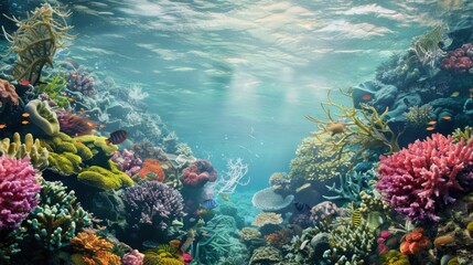 Naklejka premium a serene underwater world brimming with colorful coral reefs and exotic marine life, white space in the center of the page for text, vibrant aquatic hues against a backdrop of crystal-clear waters