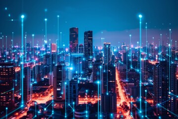 Obraz premium Neonlit city skyline showcasing smart grid infrastructure illuminating urban life at night with vibrant lights and advanced technology