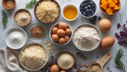Top view of fresh bakery ingredients and supplies