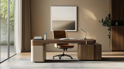 Fototapeta premium Modern Workspace Mockup Featuring Elegant Desk Setup with Chair
