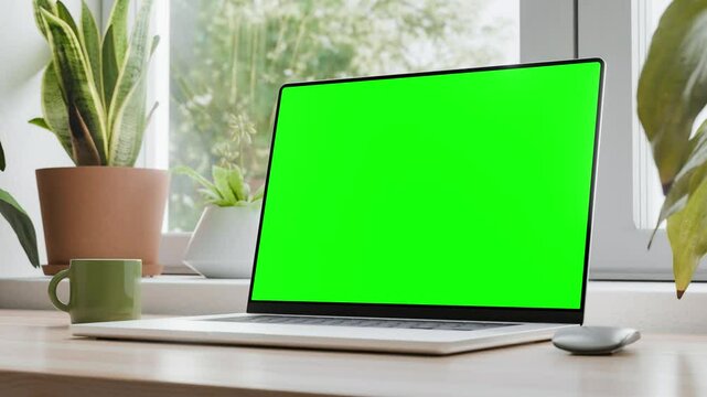 Laptop on a desk in a stylish home office interior. The laptop&rsquo;s green screen allows for easy content replacement. The background features looped swaying trees. Camera smooth slide from bottom