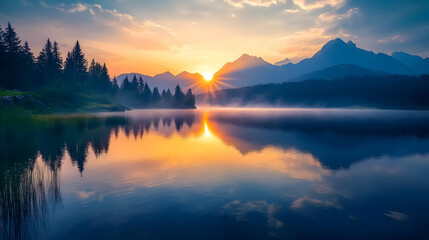 Fototapeta premium Tatra National Park lake in the mountains at dawn in Poland