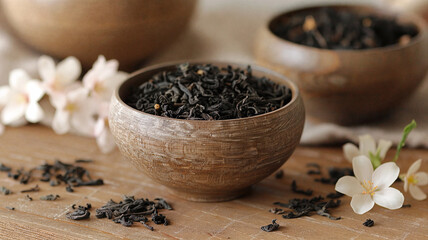 Dried black tea leaves in a rustic wooden bowl on a wooden surface with scattered tea leaves and white jasmine flowers creating a natural and cozy atmosphere