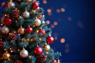 Festive Christmas Tree Sparkles Against a Dark Blue Background