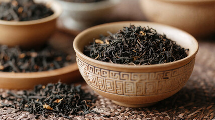 Loose black tea leaves in an intricately patterned ceramic bowl placed on a woven mat, with other bowls and scattered tea leaves in the background creating a warm and inviting atmosphere