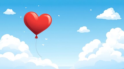 A vibrant red heart-shaped balloon drifts among fluffy white clouds in a bright blue sky, symbolizing love and celebration during Valentine's Day festivities