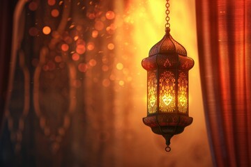 Decorative Arabic lantern illuminating a warm background during Ramadan celebration at dusk, creating a serene and festive atmosphere that highlights cultural traditions and unity