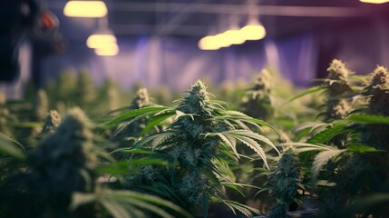 A photo of a cannabis plant in a greenhouse