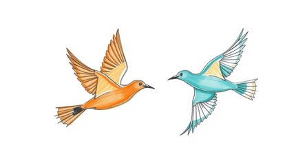 Obraz premium Two vibrant birds, one orange and one blue, are flying gracefully in the sky, embodying the essence of love and romance during Valentine's Day celebrations