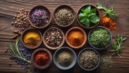 Vibrant assortment of herbs and spices on wood