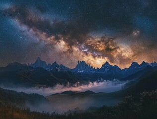 A panoramic view of the Milky Way over misty mountains, with stars twinkling in the night sky. 