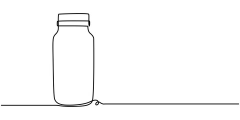 Medicine container, pill bottle, vitamins and supplements jar. Pharmaceutical packaging. One line continuous drawing vector illustration, Blank bottle, Glass canning jar in continuous line art drawing