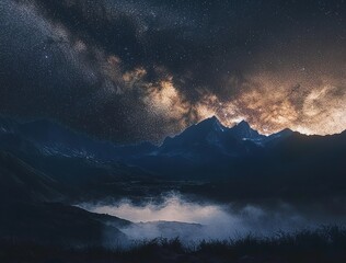Naklejka premium A panoramic view of the Milky Way over misty mountains, with stars twinkling in the night sky. 