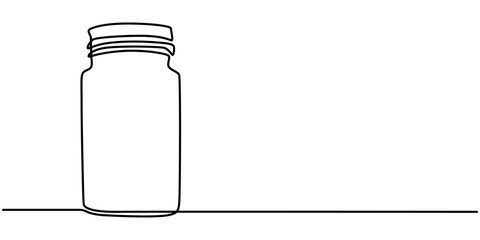 Medicine container, pill bottle, vitamins and supplements jar. Pharmaceutical packaging. One line continuous drawing vector illustration, Blank bottle, Glass canning jar in continuous line art drawing