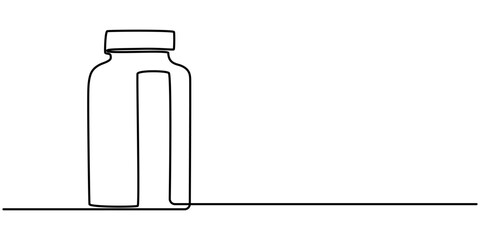 Medicine container, pill bottle, vitamins and supplements jar. Pharmaceutical packaging. One line continuous drawing vector illustration, Blank bottle, Glass canning jar in continuous line art drawing