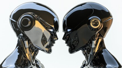Chrome Robots Facing Off, Digital Studio, Futuristic Confrontation, White Background, AI Concept