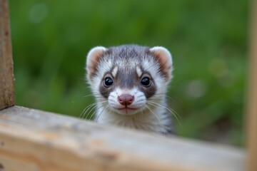 Fototapeta premium Curious Ferret Peeks from Behind Wood in a Blurred Green Setting