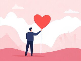 A Person Holding a Large Heart Balloon Against a Soft Pink Background, Symbolizing Love and Affection in a Minimalistic and Artistic Style