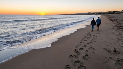 Naklejka premium Two people walk hand-in-hand along a serene beach at sunset, leaving footprints in the sand as the golden sun dips below the horizon.