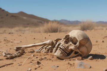 Obraz premium A skeleton lies in the stark desert landscape, a chilling reminder of environmental pollution and the harsh realities of nature's survival