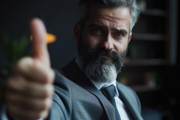 Man in business suit gives thumbs up in a cinematic commercial setting