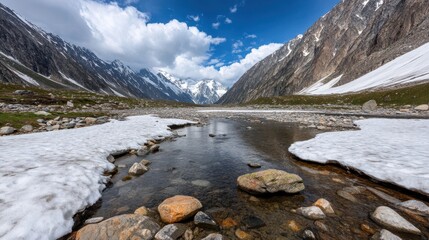 A picturesque valley with snow patches and scattered stones leads to majestic snow-capped mountains under a bright blue sky.