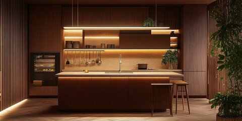 kitchen room interior in brown mocha mousse 2025 color with modern decoration - 3D rendering
