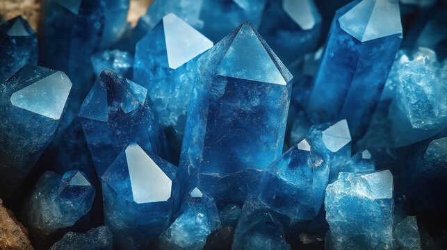Close up view of vibrant blue crystals. Mineral textures, patterns prominent. Geologic formations clearly visible. Macro photo beautiful gem crystal collection. Nature, science enthusiasts would