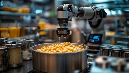A robotic arm mixing ingredients in a stainless steel vat, with precise motion and digital tracking of the recipe process, Robotic Ingredient Mixing