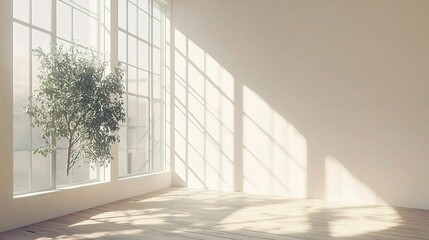 Obraz premium Bright Office Mockup with Large Windows and Green Plant