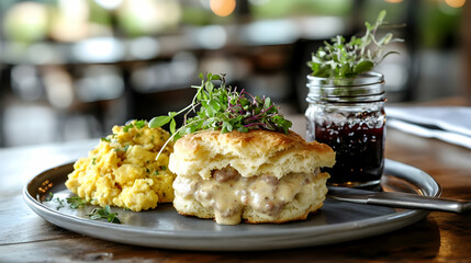 Savory Sausage Gravy Biscuit with Scrambled Eggs: A Delightful Southern Breakfast