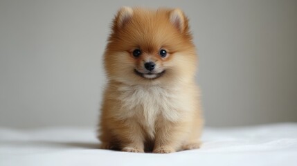 Adorable fluffy Pomeranian puppy sitting on white background.