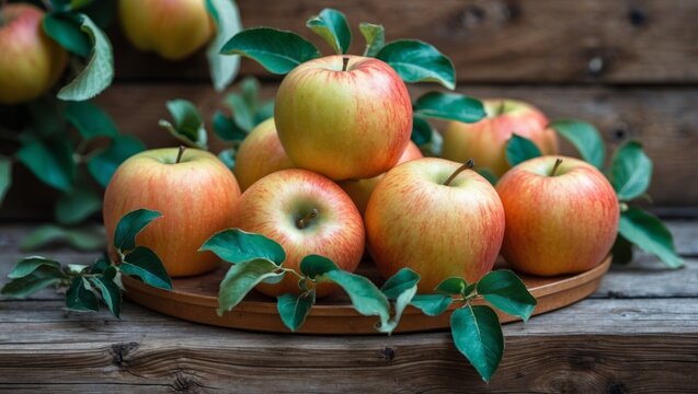 Vibrant jonagold apples arranged on rustic wood