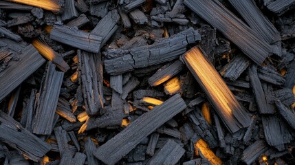 Charred wood and glowing embers lie amidst ashen remains, evoking warmth and the transitory beauty of a fading fire, capturing a moment in time.