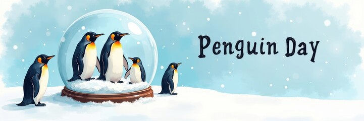 Fototapeta premium Celebrating penguin day festive penguins in a snow globe winter wonderland whimsical scene for nature lovers