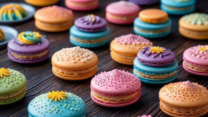 Fototapeta premium Vibrant macaroon storage boxes on dark wood background