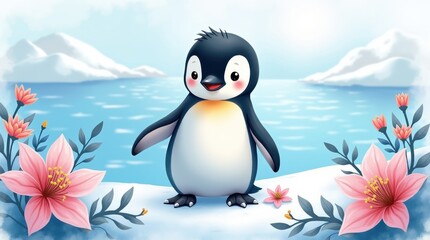 Naklejka premium Celebrating penguin day adorable penguin on ice with flowers in a scenic arctic landscape