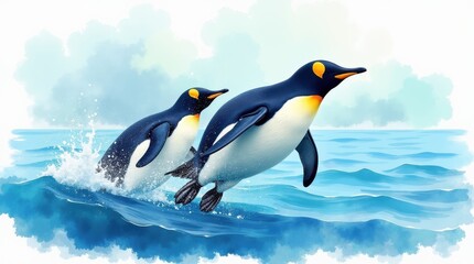 Obraz premium Penguin day celebration ocean waves illustration marine environment playful perspective joyful concept
