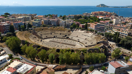 Aerial view of the Flavian Amphitheater, located in the historic center of Pozzuoli, near Naples,...