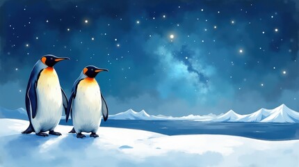Fototapeta premium Penguin day celebrations icy landscape digital art winter wonderland serene viewpoint joyful concept
